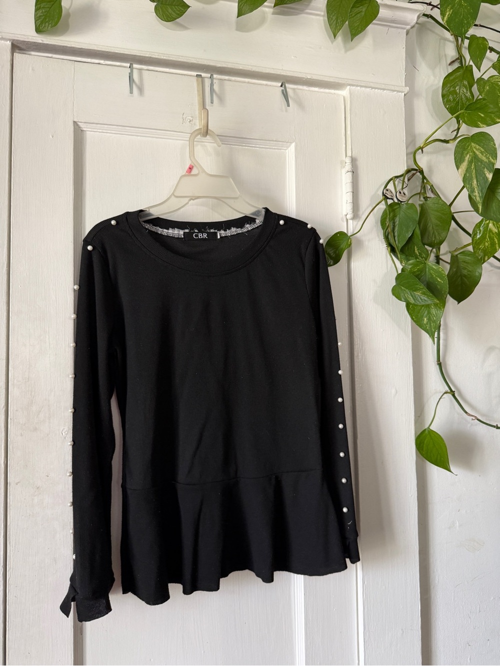 CBR Black Long-Sleeve Peplum Top with Pearl Sleeve Trim size M